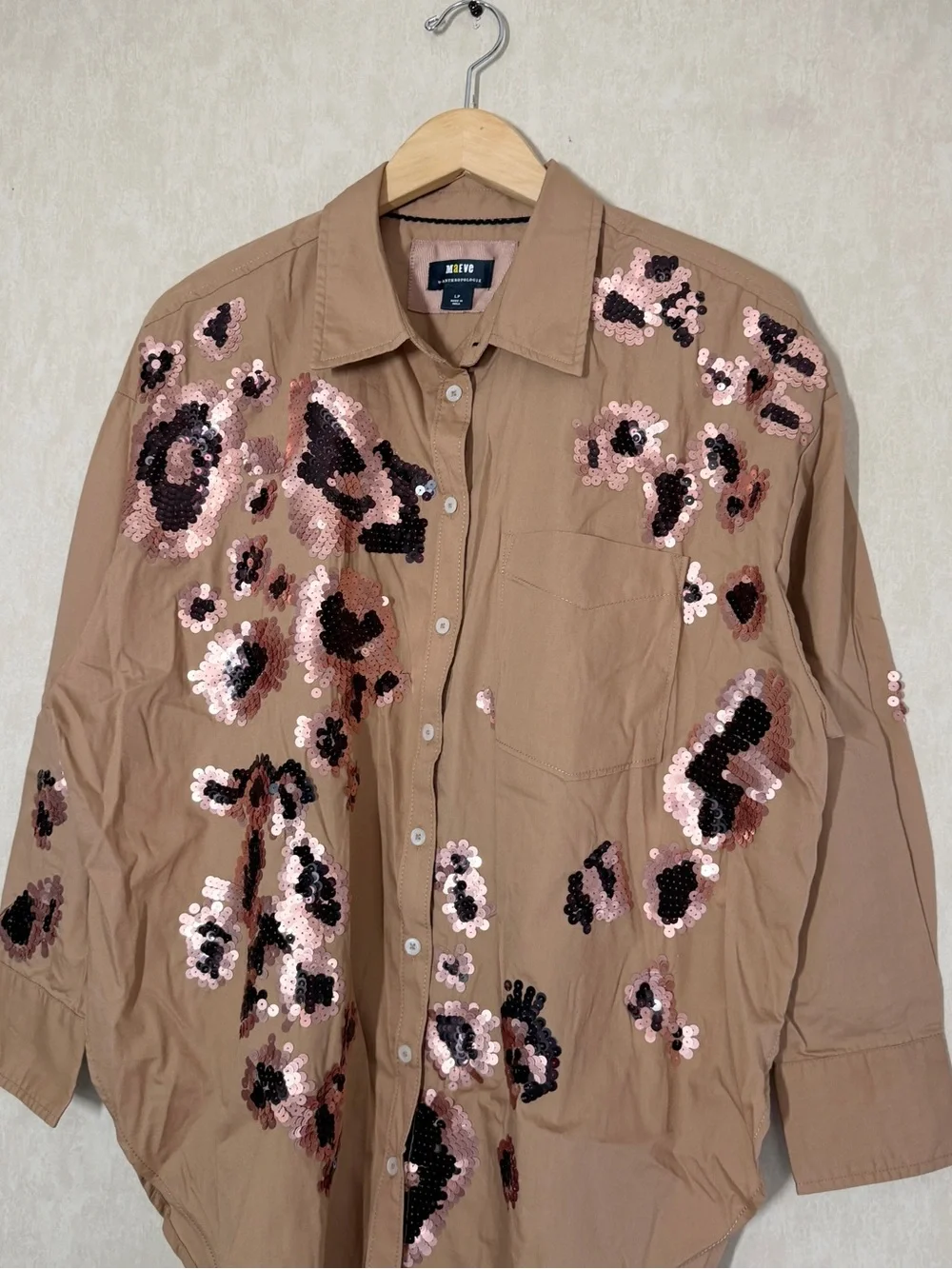 Maeve by Anthropologie The Bennet Buttondown Shirt Oversized Sequin Leopard LP